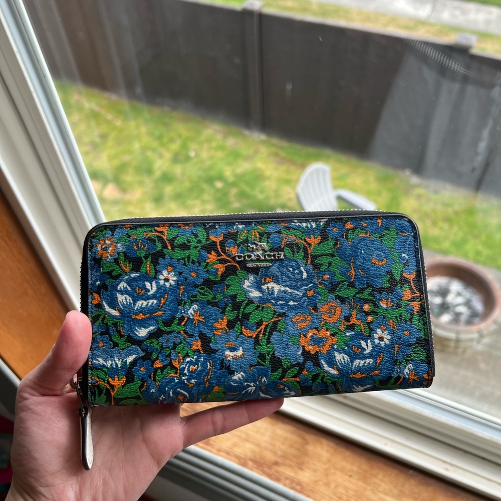 Coach Blue Floral Zip Wallet with Green and Orange Accents